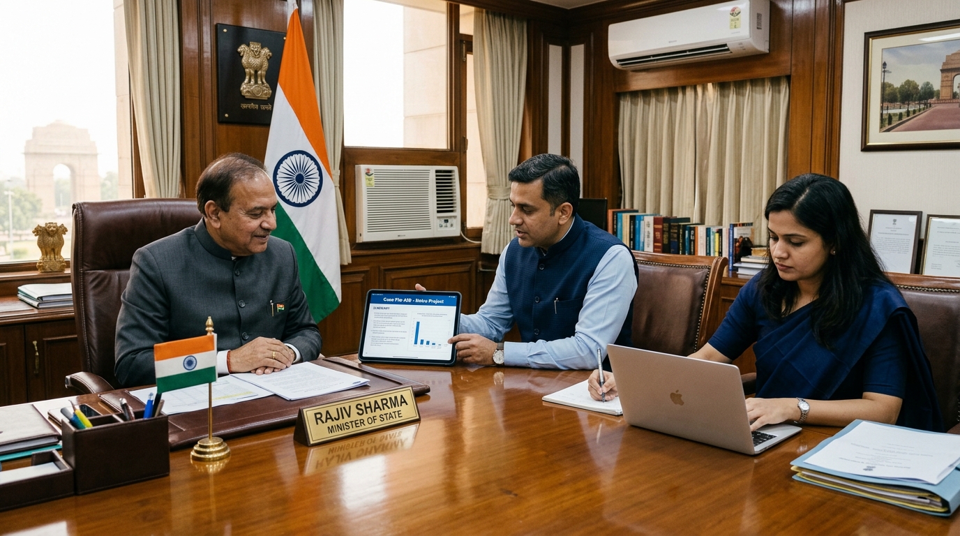 Honourable Minister with Indian OSD and PA reviewing correspondence